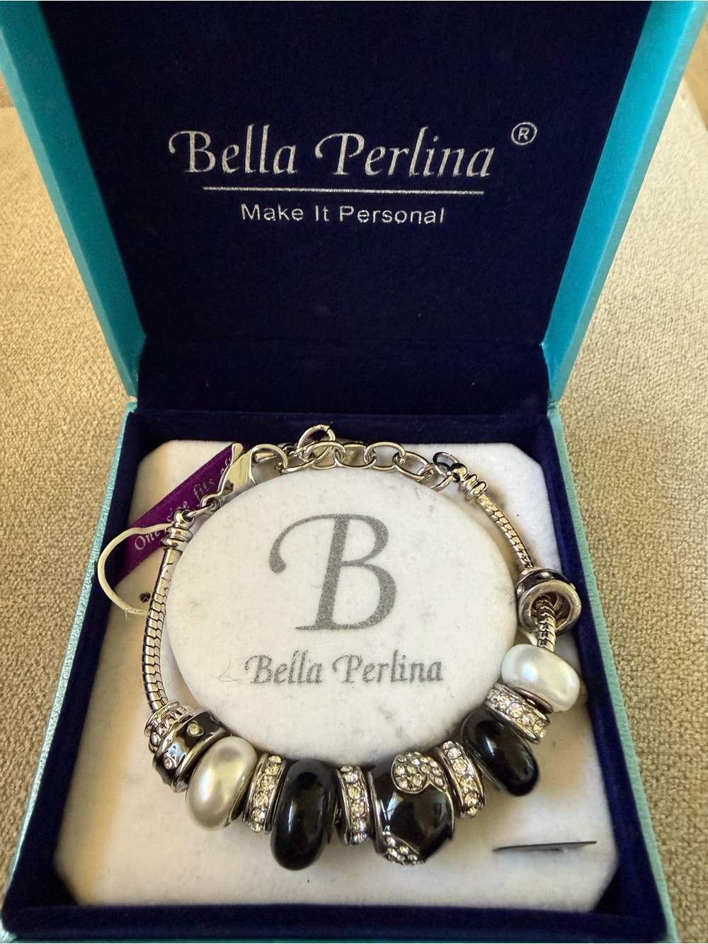 bella Perlina Silver-Tone Bracelet with Black and Pearl Accents